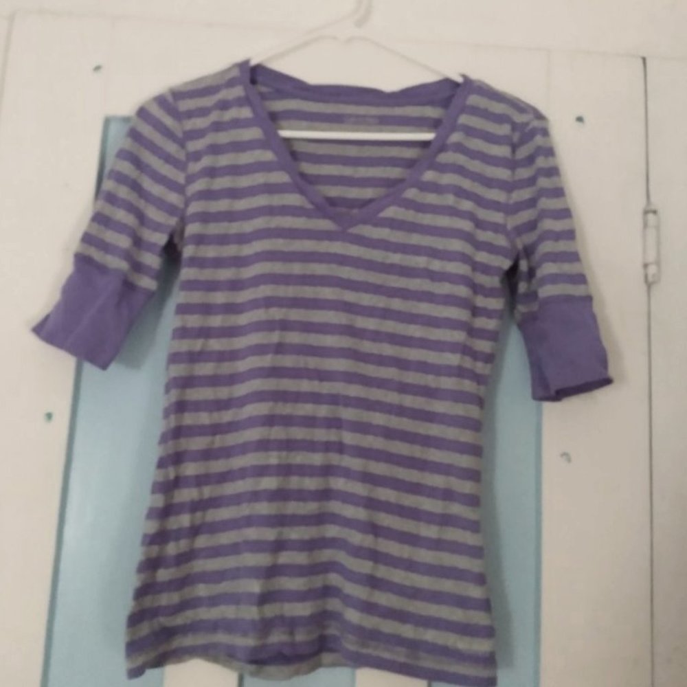 CALVIN KLEIN WOMEN'S PURPLE GREY STRIPED SHIRT